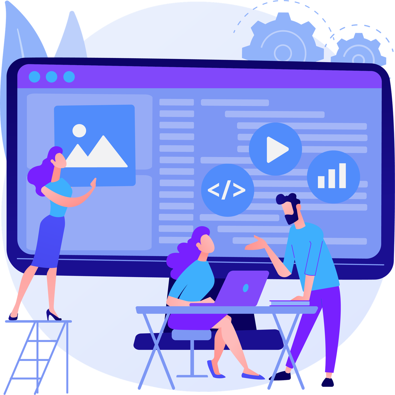 Web development illustration showing responsive design across desktop, tablet and mobile devices